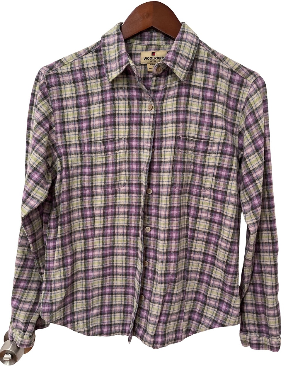 Woolrich Women’s Small Purple Sage Plaid Button Up Shirt Cotton Long Sleeve